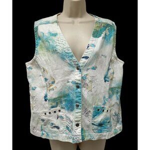 Chico's size 2 Vest Linen Cotton Nautical Fish M L White Teal Aqua
